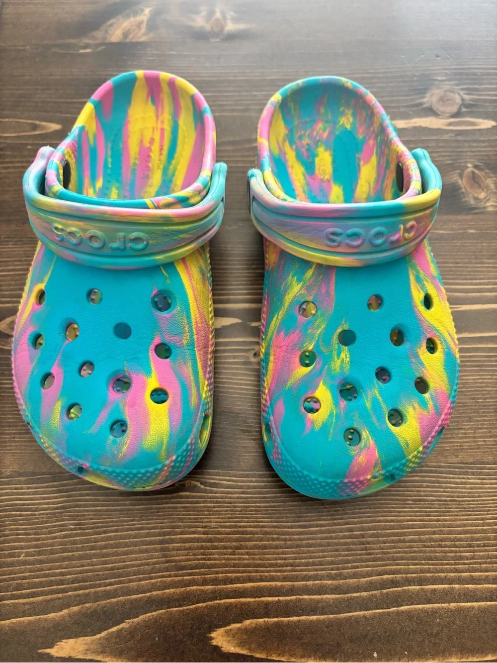CROCS Kids Teal Water Clogs with Pink and Yellow Swirl